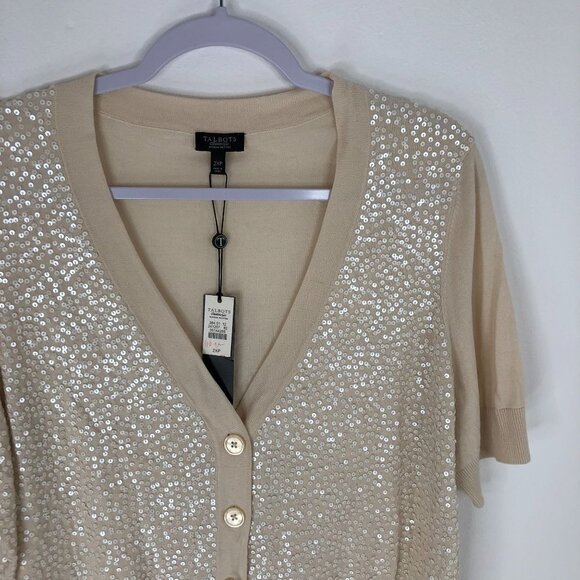 Talbots Women Cream Sequin Button Up Short Sleeve V-Neck Cardigan Size 2XP NWT - Picture 3 of 10